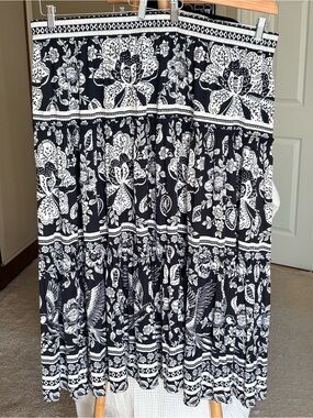 Rachel Zoe Black and Off-White Floral Tiered Maxi Skirt 3X
